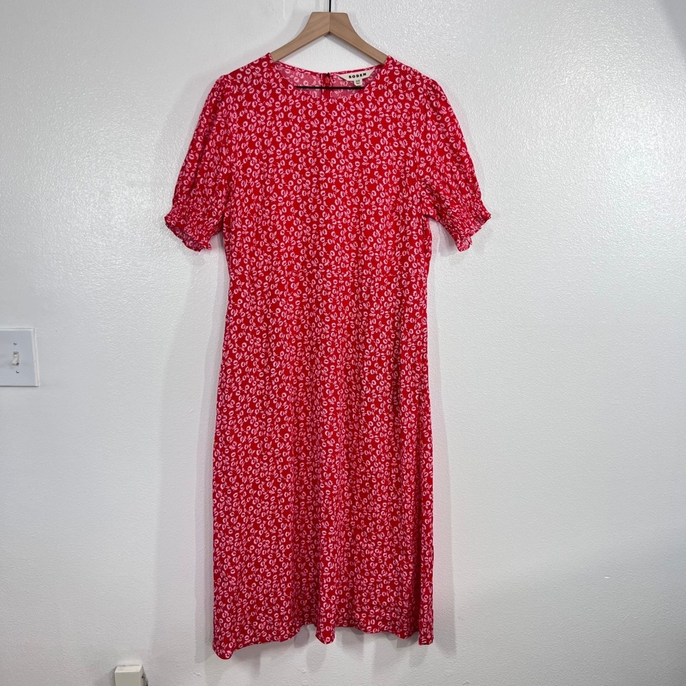 Boden Corinne Midi Tea Dress Size US 12R Red Floral Smocked Puff Sleeve Feminine